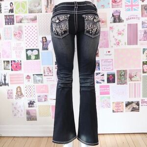 y2k rhinestone tassel flare jeans dark wash low rise size 9/10